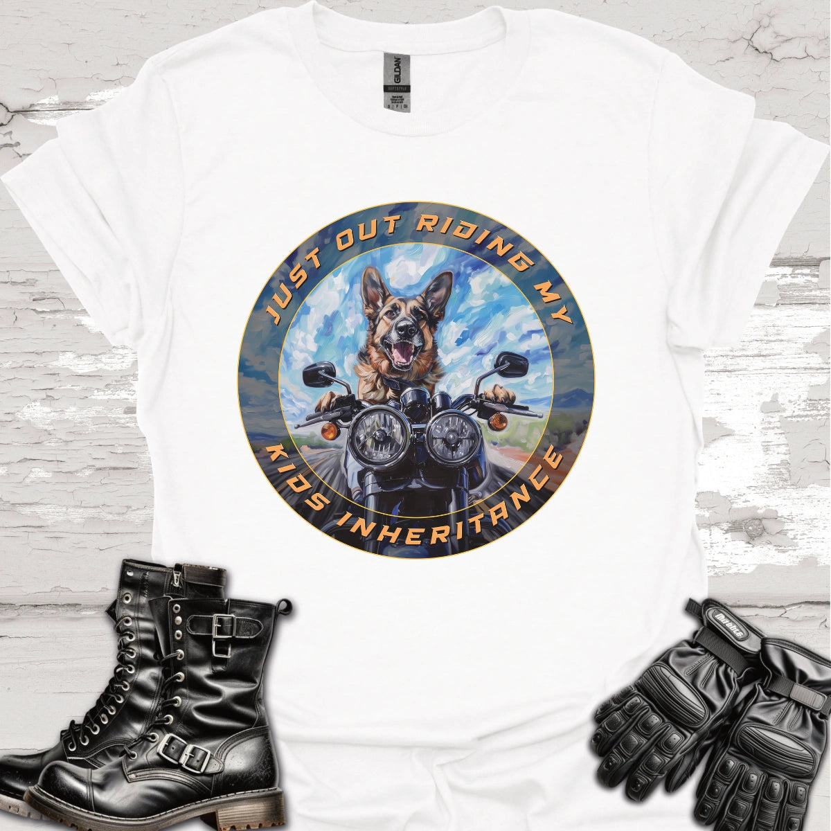 German Shepherd "Just out Riding my Kids Inheritance" Unisex T shirt