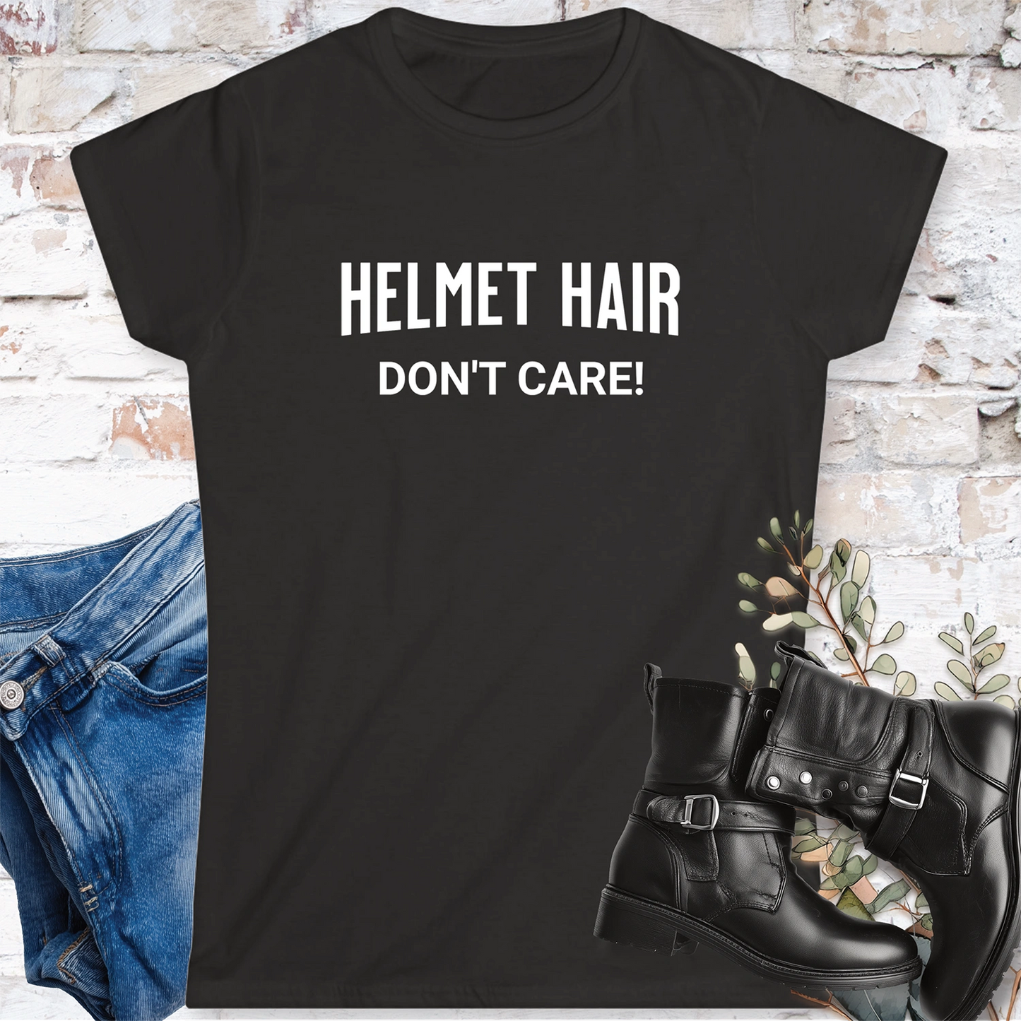 Helmet Hair, Don't Care #1 Women's Fitted Softstyle Tee