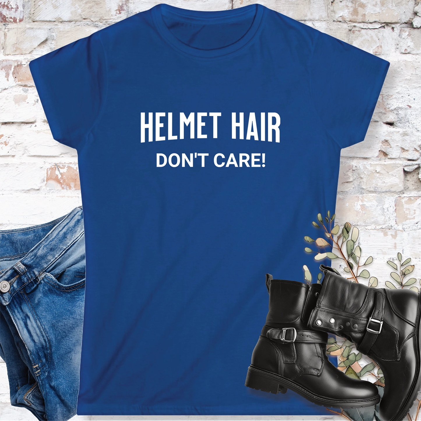 Helmet Hair, Don't Care #1 Women's Fitted Softstyle Tee