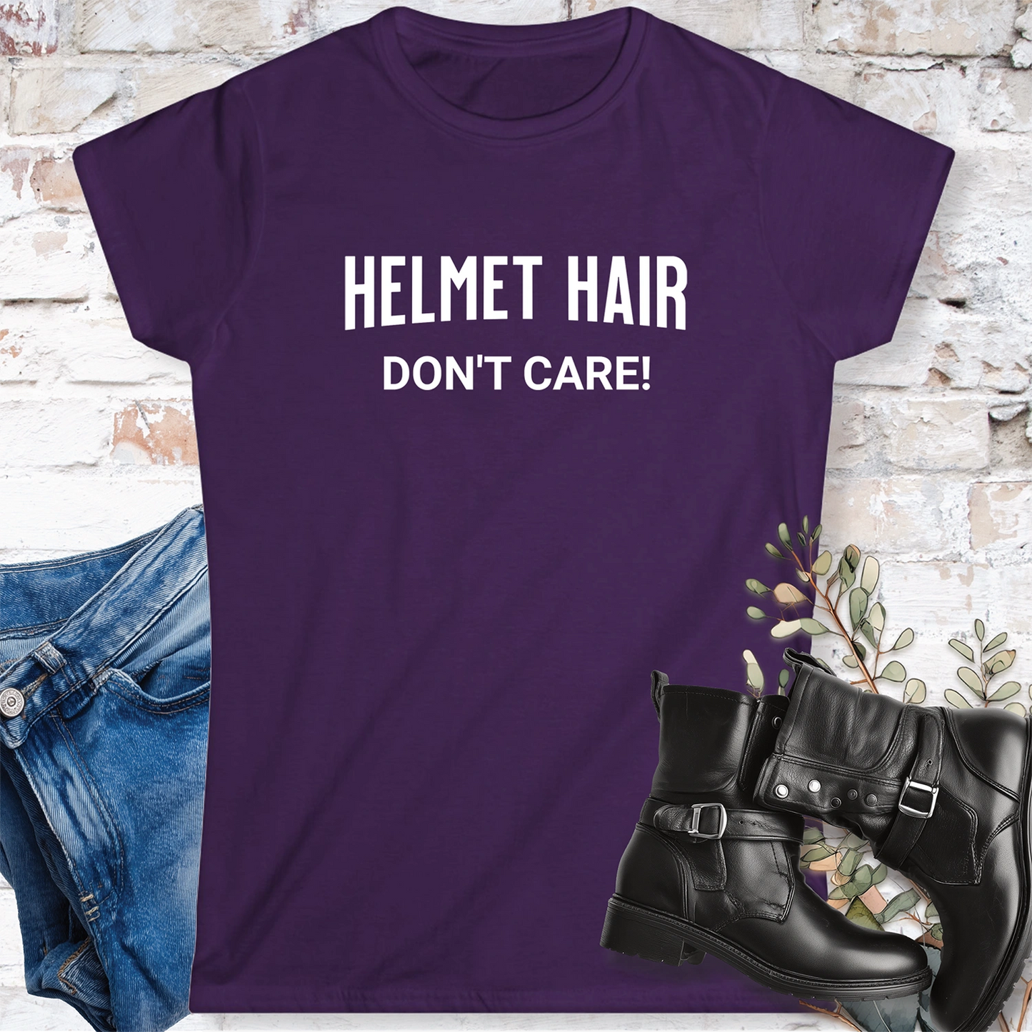 Helmet Hair, Don't Care #1 Women's Fitted Softstyle Tee
