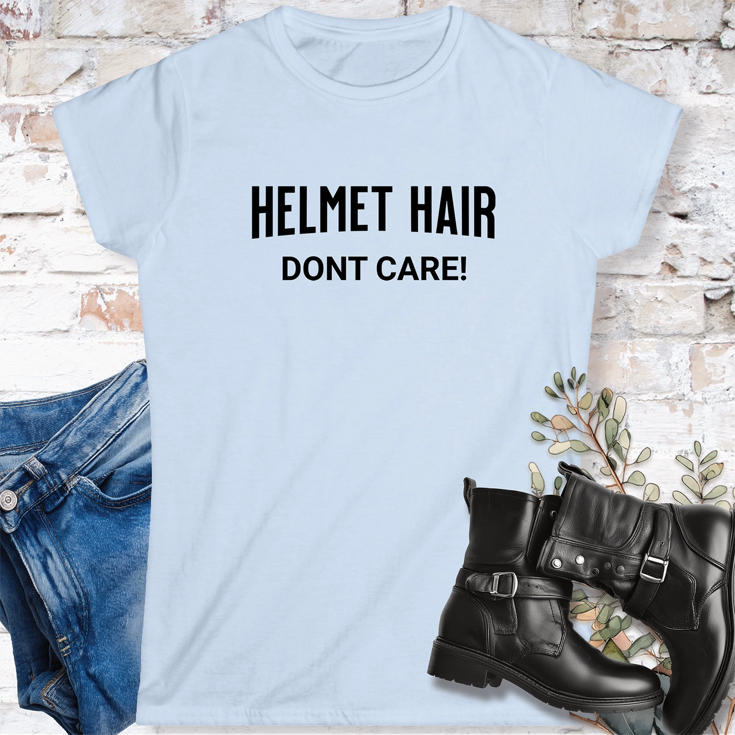 Helmet Hair, Don't Care #1 Women's Fitted Softstyle Tee