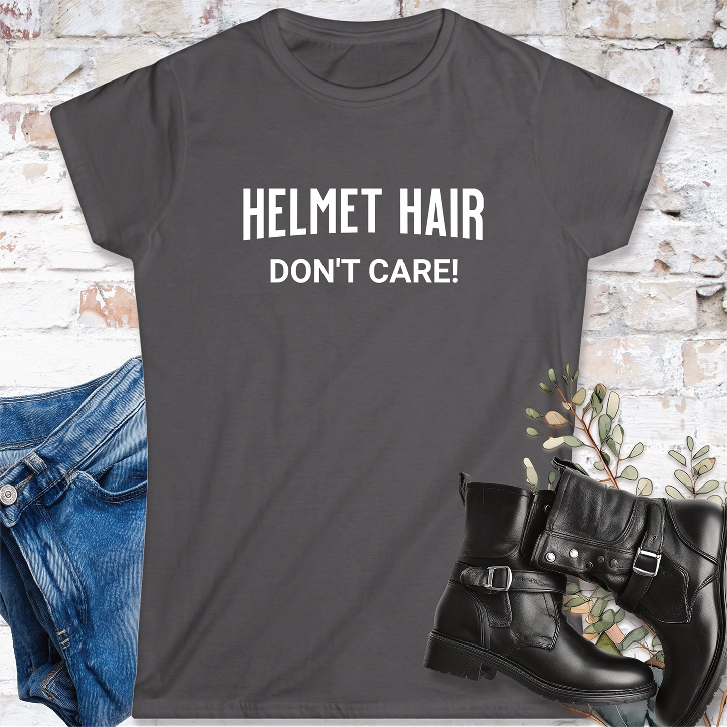 Helmet Hair, Don't Care #1 Women's Fitted Softstyle Tee