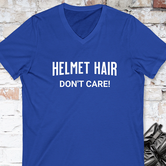 Helmet Hair, Don't Care V neck T shirt