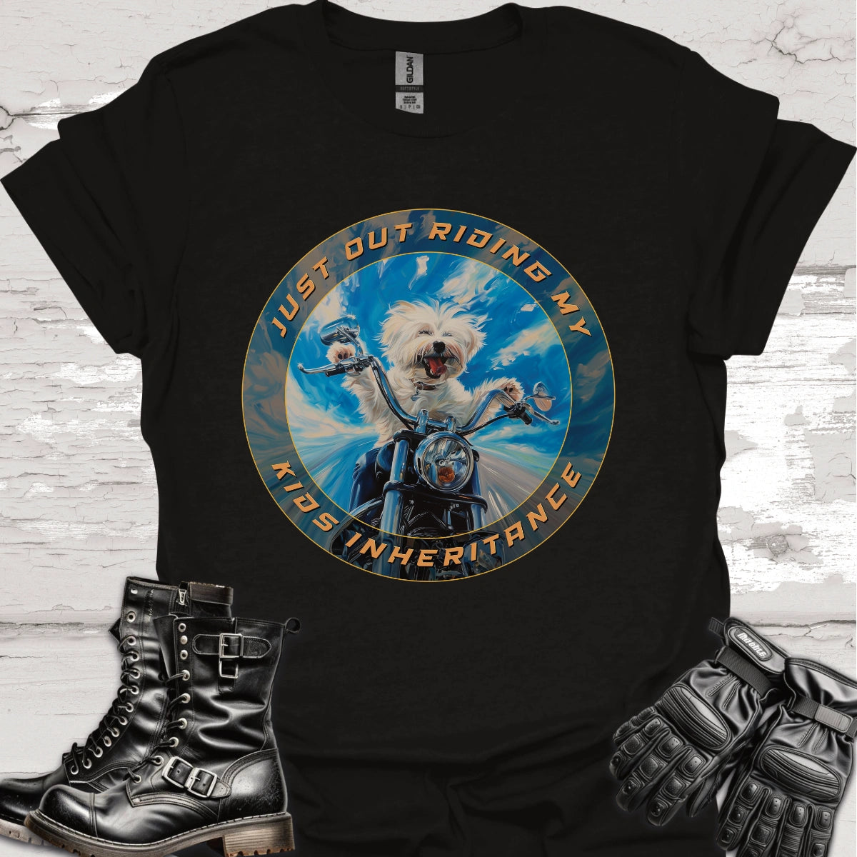 Maltese "Just out Riding my Kids Inheritance" Unisex T shirt