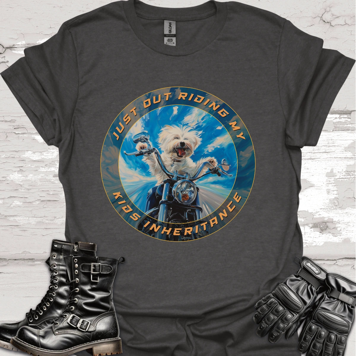 Maltese "Just out Riding my Kids Inheritance" Unisex T shirt