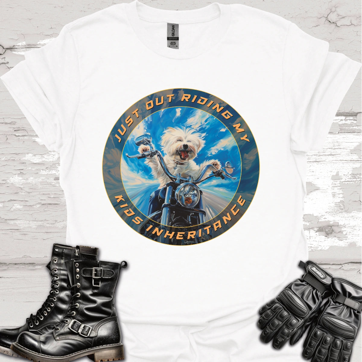 Maltese "Just out Riding my Kids Inheritance" Unisex T shirt